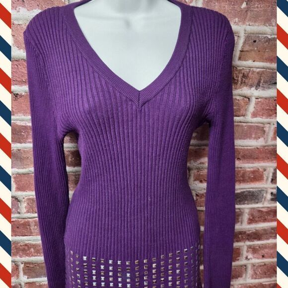 ots Purple RibbedโV-Neck Sweater Large Long Sleeve Studded Hem Lightweight - Picture 6 of 8
